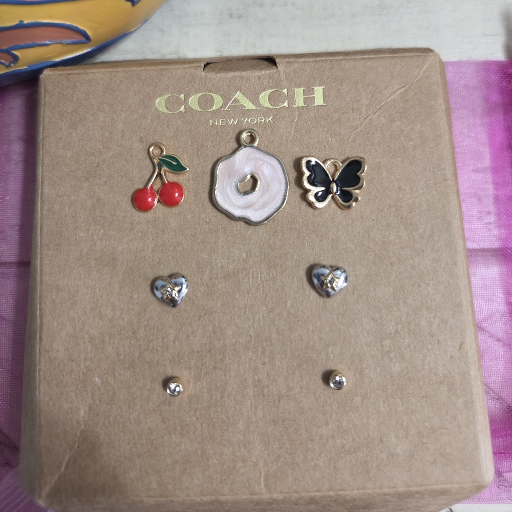 Coach Heart Stud Earrings Set - Gold & Silver W/ Accessories EUC